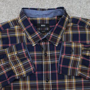BOSS Hugo Boss Ronny Shirt‎ Mens XL Blue/Red/Yellow Slim Fit Cotton L/S Button
